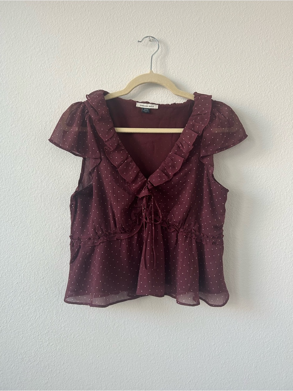 American Eagle Burgundy Polka Dot Ruffle V-Neck Blouse